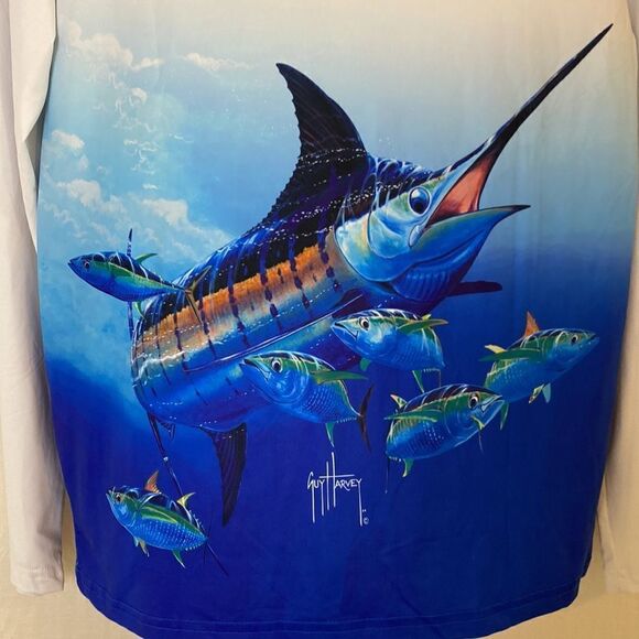 Guy Harvey White Fishing Shirt Graphic Front and Back Size Small - Picture 7 of 8